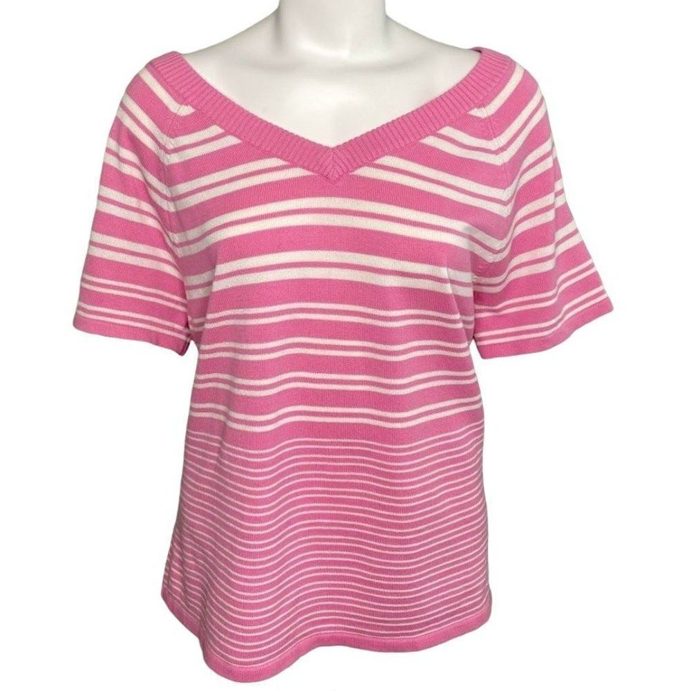 Lane Bryant Sweater Top Women's XL 14 16 Pink White V-Neck Short-Sleeve Stripes